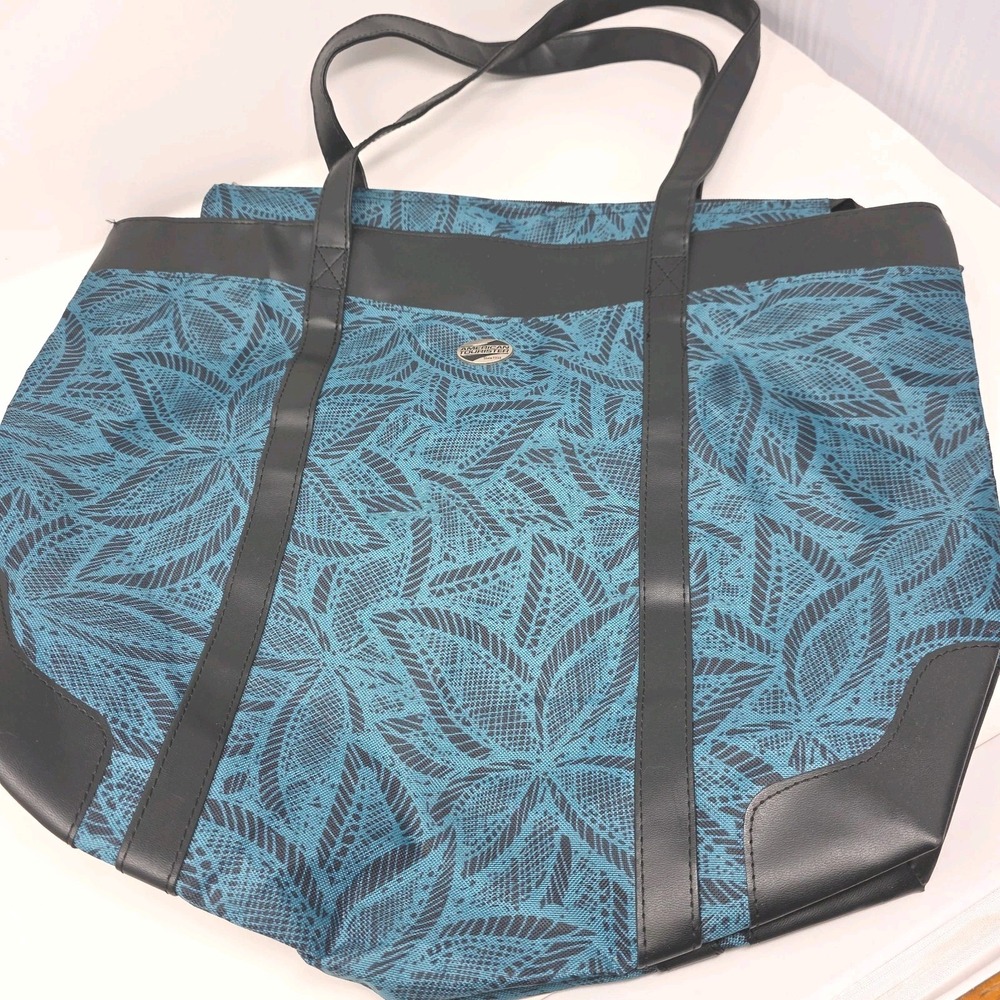 American Tourister Tote Bag Large Teal Black Tropical Leaf Canvas Shoulder Bag